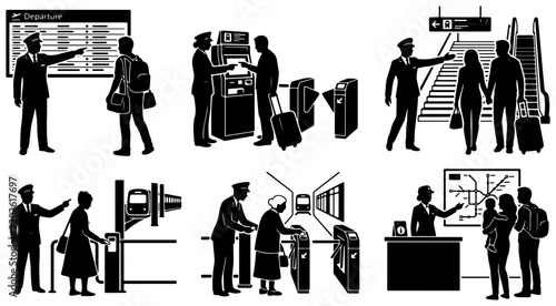 Public Transport Navigation Icons, Station Staff Assistance, Travel Information Displays, Ticket Gates, Subway Maps, Passenger Flow, Urban Commute Vector Set