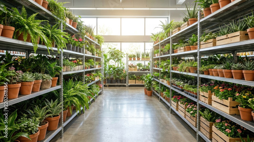 Lush greenery fills vibrant plant nursery aisle, showcasing various potted plants and flowers