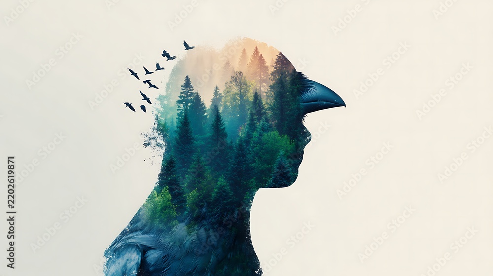 Obraz premium A creative double-exposure image of a raven silhouette filled with a dense forest and flying birds, blending nature and wildlife in an artistic composition.