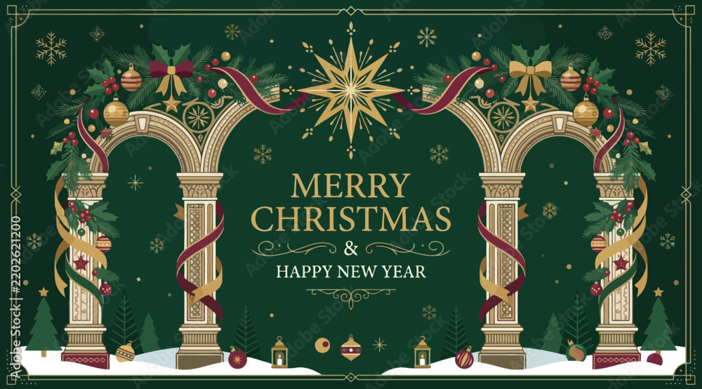 Fototapeta premium Elegant christmas greeting card design featuring a decorative archway with golden star, festive ornaments, and winter foliage on a dark green background, merry christmas and happy new year text