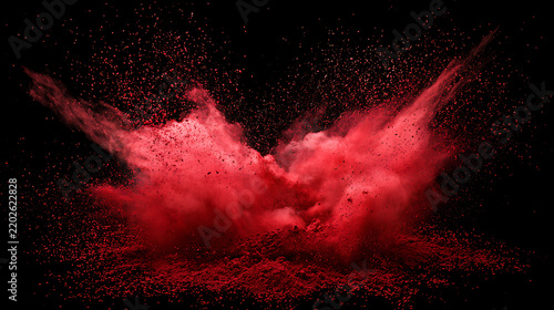 Red powder explosion captured in a dynamic photograph against a black background blast