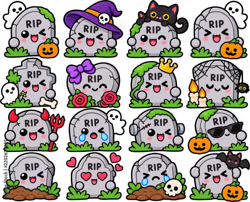 Fototapeta premium Kawaii Halloween Tombstone Sticker Set – Cute Spooky Graveyard Characters