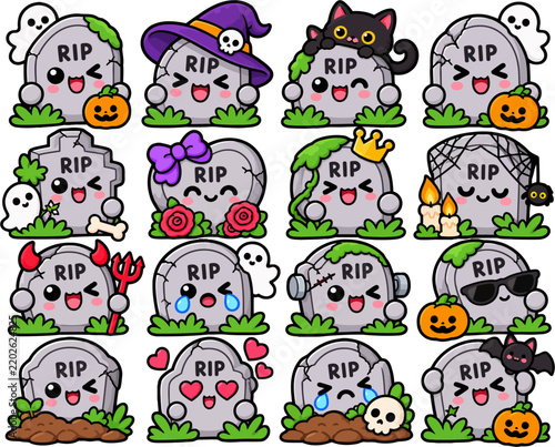 Kawaii Halloween Tombstone Sticker Set – Cute Spooky Graveyard Characters