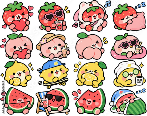 Kawaii Fruit Characters Sticker Set – Strawberry, Peach, Lemon & Watermelon
