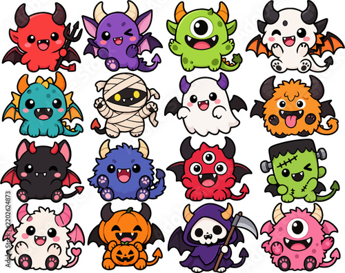 Kawaii Halloween Monster Sticker Set – Cute Chibi Monsters, Devils, Ghosts & Bats