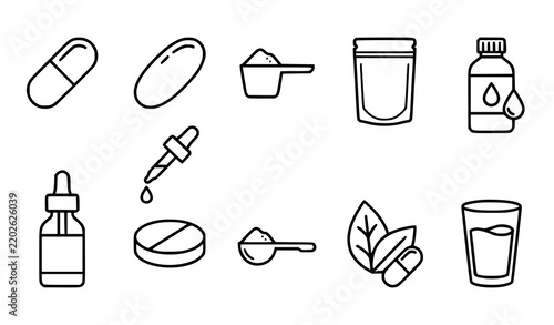 Supplement Forms Natural Health Capsules Powders Oils Thin Line Icons