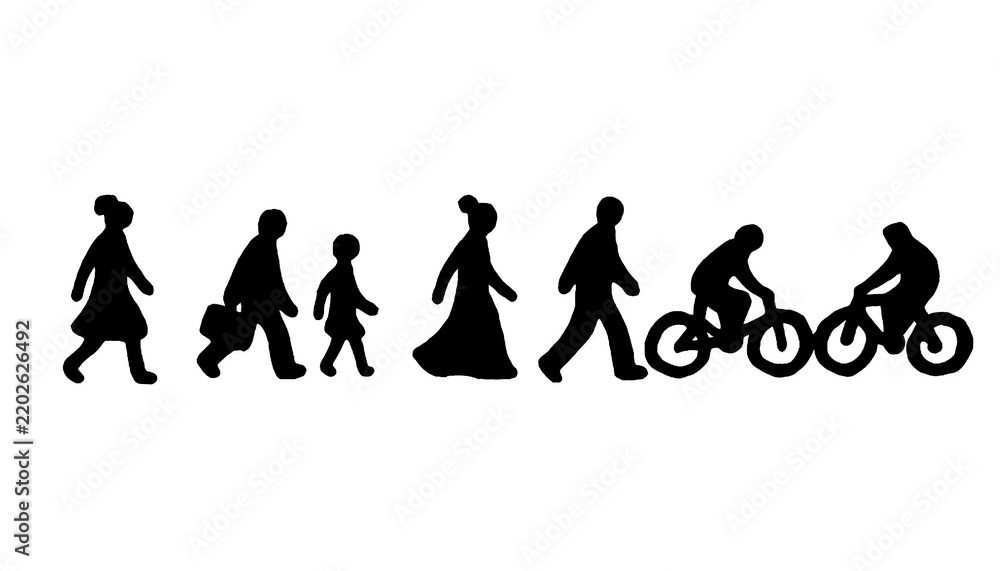 Fototapeta premium Crowd of people silhouettes set, diverse pedestrian walking and cycling figures, black human shapes for architectural visualization and urban planning