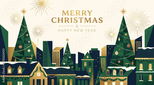 Merry christmas and happy new year city skyline illustration with decorated pine trees and festive fireworks