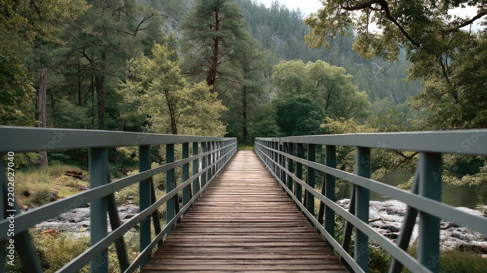 Fototapeta premium Centered view of wooden bridge with metal railings, surrounded by lush green forest and rocky riverbank, peaceful atmosphere