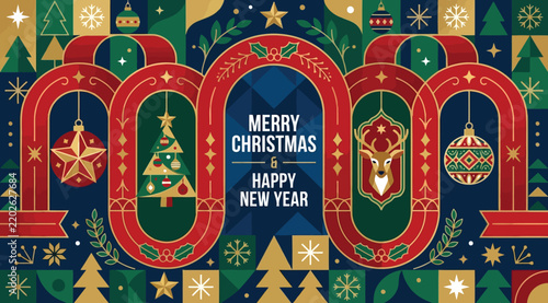 Merry christmas and happy new year greeting card design with red ribbons, ornaments, a christmas tree, and a reindeer on a dark blue geometric background, festive holiday illustration