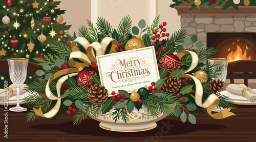 Festive christmas table centerpiece with pine branches, red ornaments, pinecones, and a merry christmas greeting card, set in a cozy dining room with a fireplace and decorated tree in the background