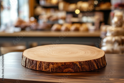 Rustic wooden tree slice display on bakery counter with bokeh ba