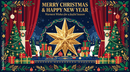 Merry christmas and happy new year greeting card with a large golden star, decorated christmas trees, presents, and red curtains on a dark blue background, festive holiday illustration