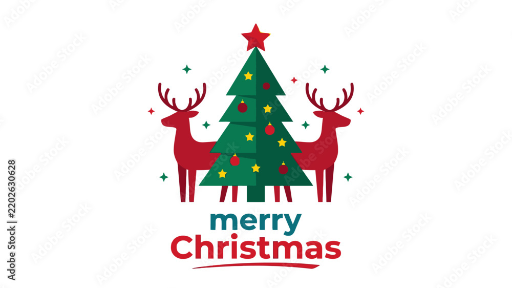 Naklejka premium Merry Christmas Greeting Card Design with Reindeer and Decorated Pine Tree