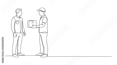 Line drawing illustration of a courier delivering a package to customer with line art