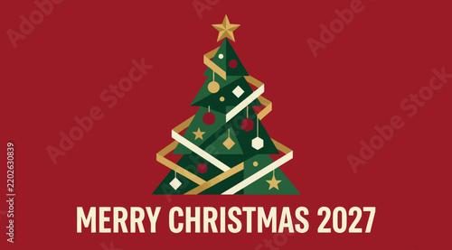Merry christmas 2027 festive greeting card with stylized christmas tree, red background, elegant holiday typography, modern vector illustration