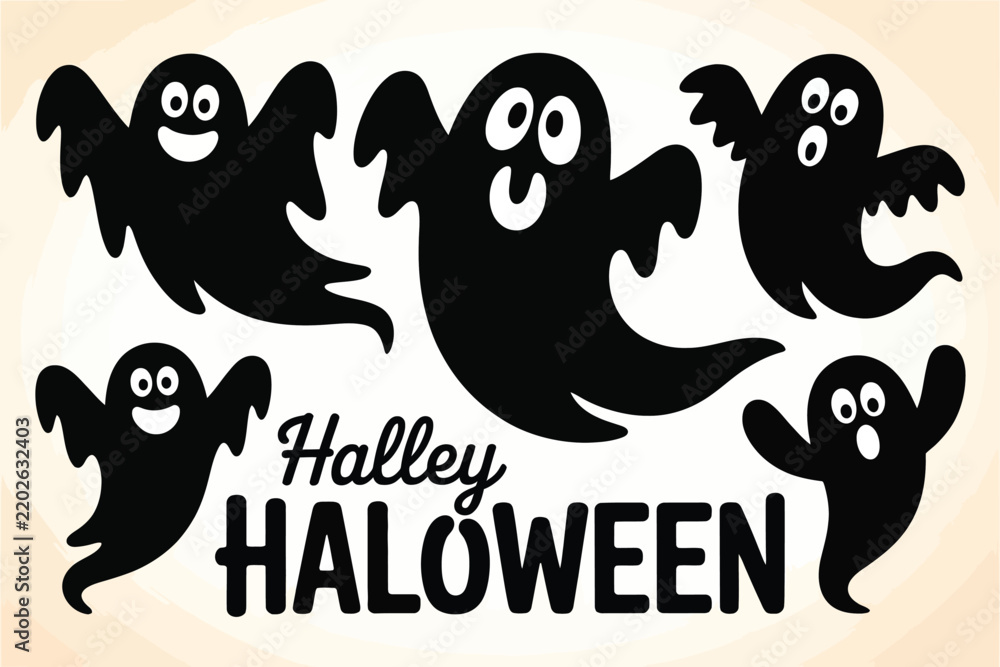 Obraz premium Halloween text and spooky flying ghost silhouettes