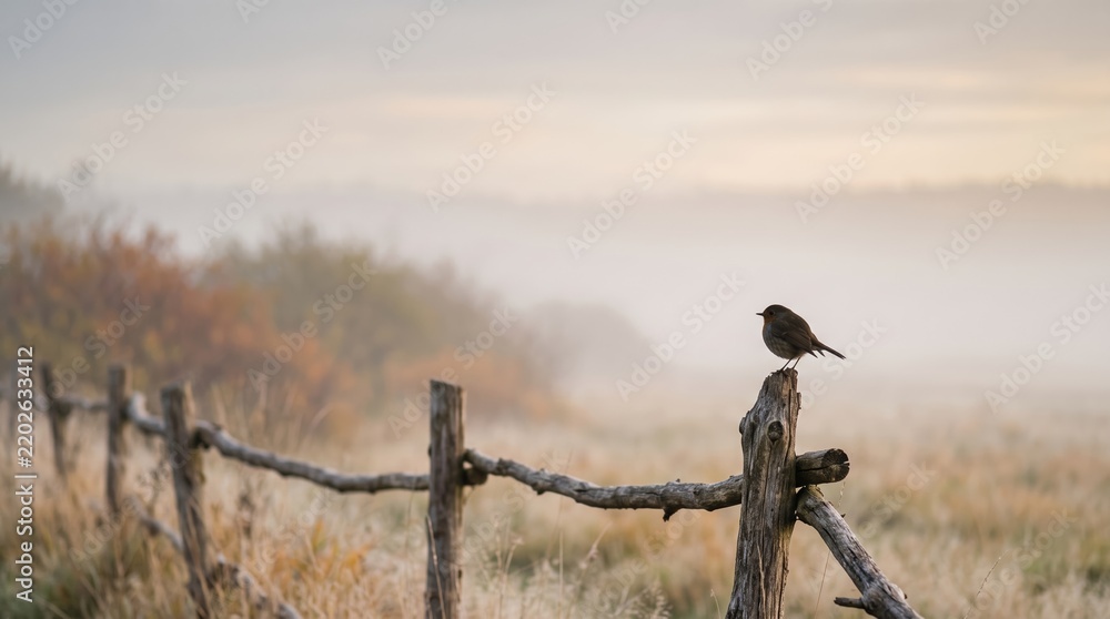Obraz premium A solitary bird sits atop a weathered wooden fence in a misty rural setting. Concept nature, solitude, tranquility, morning, wildlife background, ideal for editorial and creative use. Generative AI.