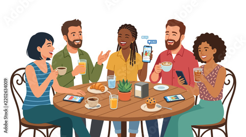 Diverse Friends Enjoying Cafe Time with Digital Connection