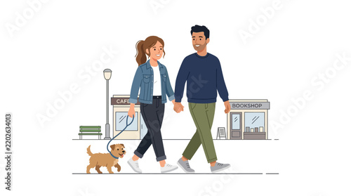 A happy couple walks their dog past a cafe and bookshop.