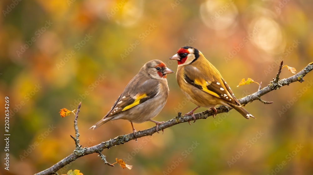 Fototapeta premium Two goldfinches perched on a branch with a blurred autumn background. Concept wildlife, nature, birdwatching, vibrant colors, seasonal beauty, perfect for nature themed marketing. Generative AI.