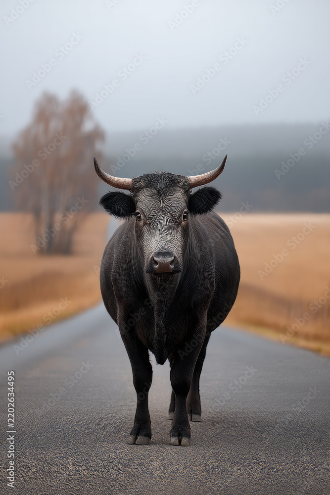 Fototapeta premium Buffalo road foggy landscape autumn rural animal horn standing outdoor calm field nature mammal countryside