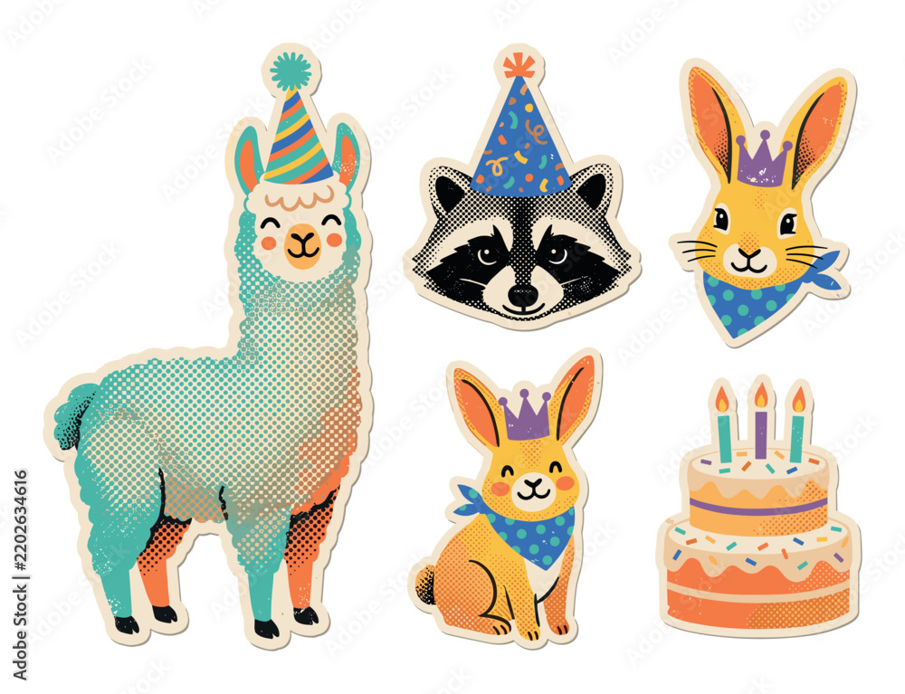 Fototapeta premium Birthday animals illustration with llama raccoon rabbit and cake for party cards in playful collage style