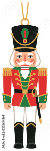 Traditional Christmas nutcracker illustration with red uniform green details wooden face and hat for festive decor in vintage style