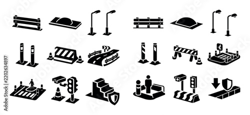 Road safety and infrastructure icon set with guard rails speed bumps and lighting poles for web design in flat vector art