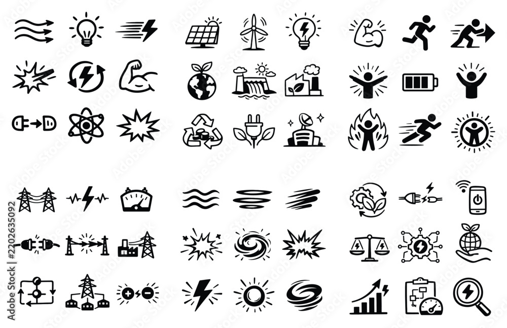 Fototapeta premium Energy and sustainability concept icons with battery, solar panel and recycling symbol for infographic design in outline style