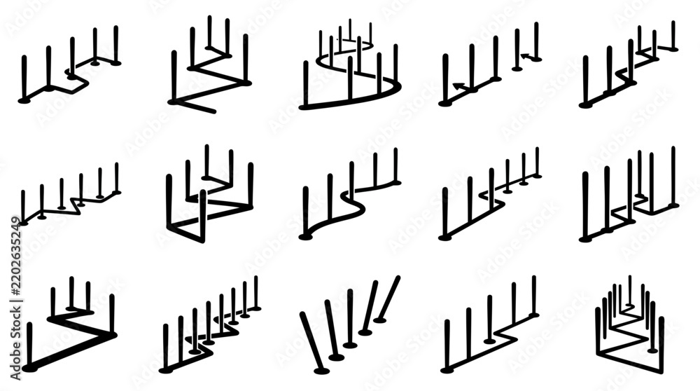 Obraz premium Vector set of isometric vertical post line diagrams showing different path layouts and structural arrangements.