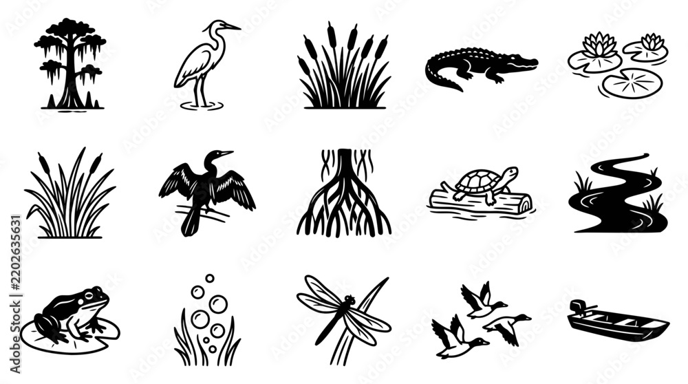 Fototapeta premium Black and white hand drawn swamp and bayou icon set featuring wetland wildlife and plants.