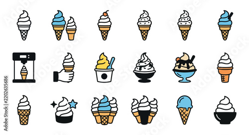 Hand drawn ice cream icon set with soft serve cones cups and sundae doodles.