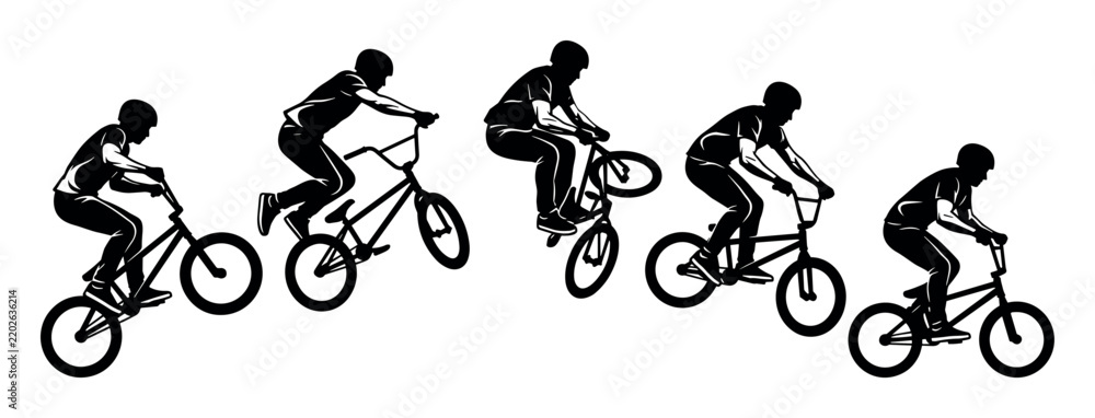 Obraz premium Cycling and BMX sport illustration with riders, bicycles and jumps for marketing in dynamic silhouette style