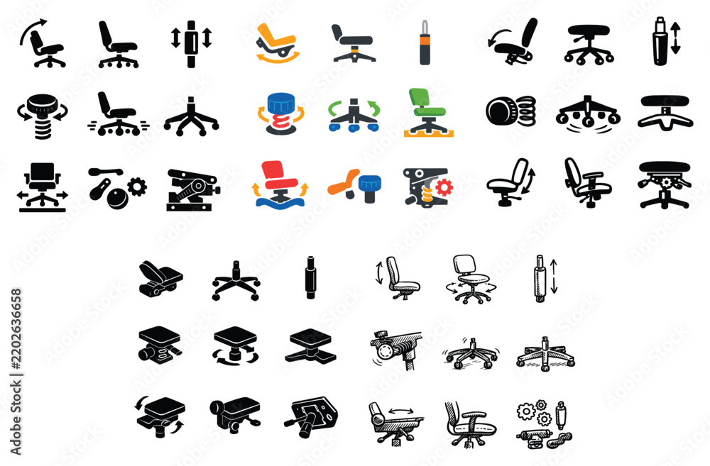 Fototapeta premium Office chairs and furniture concept icons with adjustable seat, wheel and lever for presentation design in minimal style