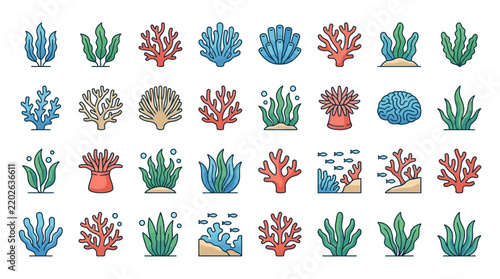 Set of underwater coral reef seaweed and sea anemone icons in colorful vector doodle style.