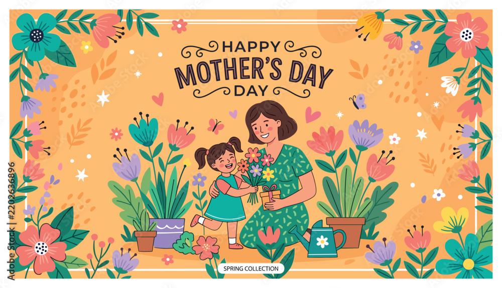 Fototapeta premium Spring Mothers Day floral greeting illustration with blossoms bouquet and leafy stems for invitations in cheerful hand drawn style