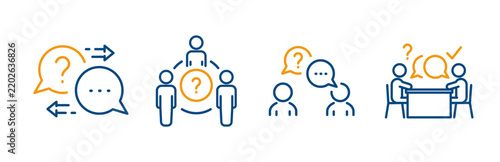 question and answer, faq meeting, question discussion, expert consultation, outline blue icons, thin line icon set, vector illustration