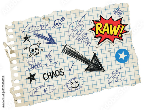 School stationery collage with torn graph paper blue grid arrows and pen marks for study notes in rough scrapbook style