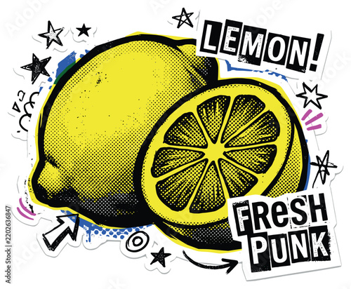 Lemon fruit sticker illustration with whole lemon citrus slices leaves yellow dots for summer menus in retro punk collage style
