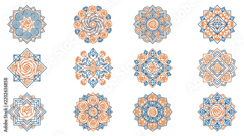 Set of twelve spiritual chakra mandalas with geometric patterns and symbols.