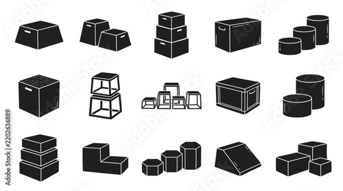 Vector collection of plyometric boxes gym step platforms and storage box icons set in black silhouette style.