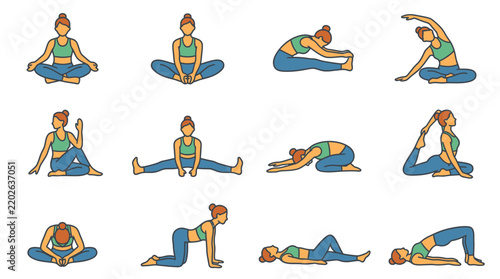 Vector illustration set of a woman performing various yoga poses and stretching exercises.