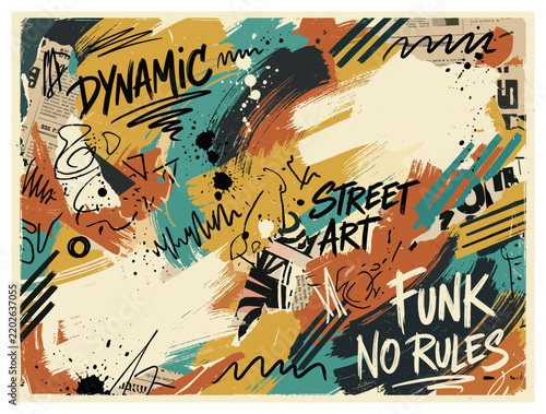 Abstract brush stroke background illustration with yellow curves paint splashes ink lines and squiggles for modern posters in funky style