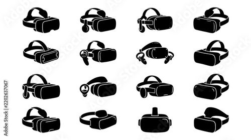 Virtual reality headset icons set black vector illustration of VR goggles and head mounted displays.