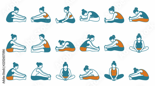 Vector set of women practicing seated yoga poses and stretching exercises.