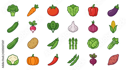 Set of vector vegetable icons featuring carrot tomato broccoli pepper onion garlic potato pumpkin and eggplant isolated.