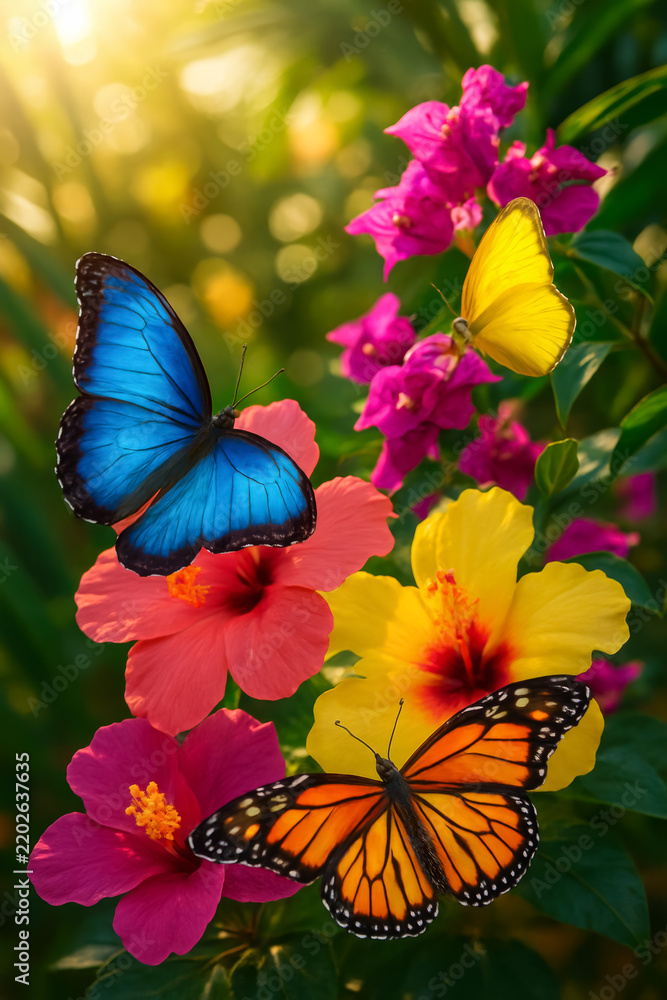 Fototapeta premium Blue and orange butterflies among bright tropical garden flowers