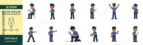 Editable cartoon police officer icon set showing 12 different actions and poses for presentations and designs