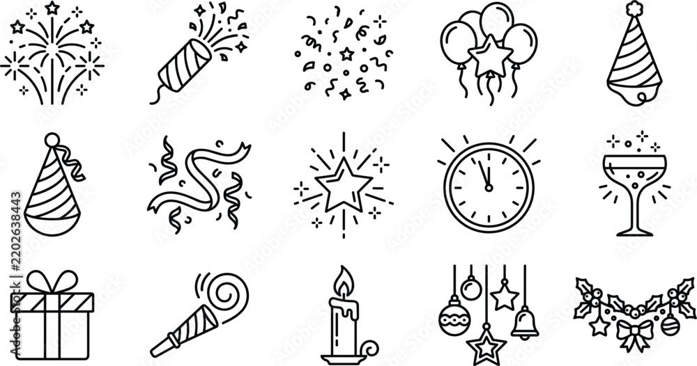 Obraz premium New Year and Party Celebration Line Icon Collection with Fireworks, Confetti, Balloons, Party Hats, Gifts, Candles, Clocks, and Decorations